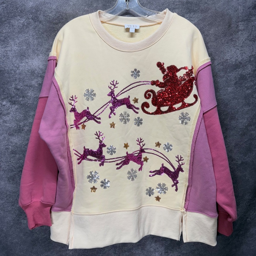 Whiskey Darling Sleigh Away Sequin Santa Reindeer Sweatshirt Size S Pink Cream